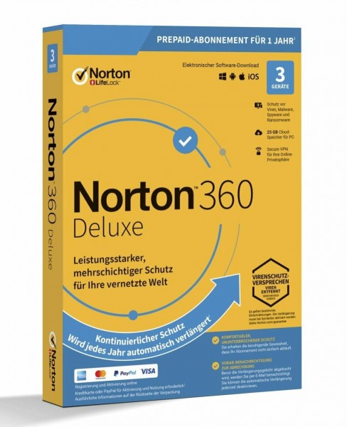 Symantec Norton 360 Deluxe, 25 GB Cloud-Backup, 1 User 3 Geräte, 12 MO Jahreslizenz